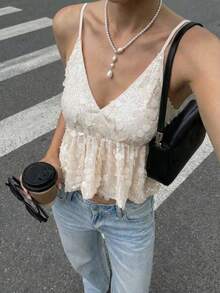 Serisse 女士纯色打结V领亮片拼接优雅吊带衫 - 杏色 - 查看 6