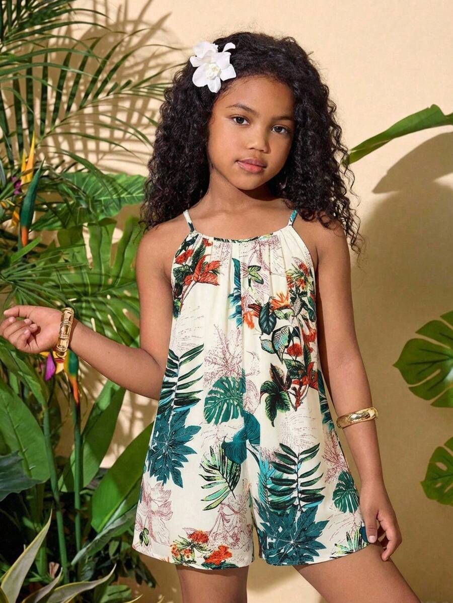 SHEIN Bộ áo liền quần phong cách thường ngày cho bé gái tuổi teen, họa tiết cây nhiệt đới, thích hợp cho kỳ nghỉ. - Màu be - Xem 1