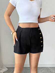 SHEIN Elenzya Elegant Summer Casual Asymmetrical Waistband Design Button Decor Black Women Shorts - Black - View 8
