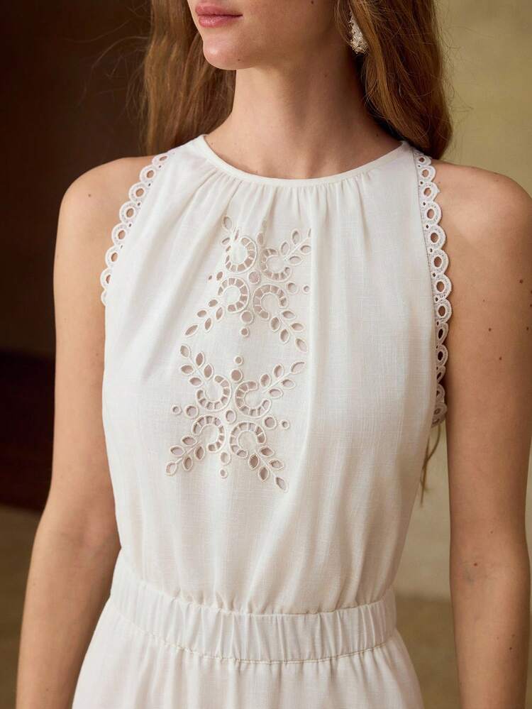 COTTON FASHIONABLE DELICATE HOLLOW EMBROIDERED LACE TRIM SLEEVELESS LONG DRESS FOR WOMEN