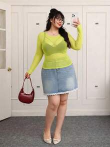 CovetEZ Atasan Wanita Ukuran Besar Warna Polos Leher Bulat Transparan Lengan Panjang Kasual - Kuning - View 5