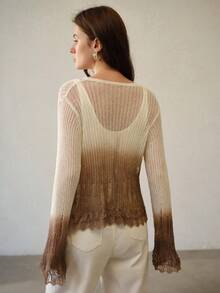 MOTF PREMIUM WOMEN'S OMBRE PATTERN V-NECK HOLLOW TIE-UP FLARE SLEEVE KNIT CARDIGAN, SPRING/SUMMER - White - View 3