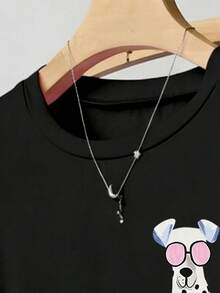 少女黑色可爱猫狗印花短款休闲T恤，高腰修身款 - 黑色 - 查看 3