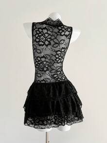 Elamini 女士花卉蕾丝深V领荷叶边性感无袖迷你连衣裙 - 黑色 - 查看 2