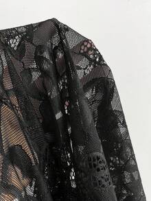 Elamini 女士花卉蕾丝深V领荷叶边性感无袖迷你连衣裙 - 黑色 - 查看 6