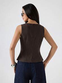 LYSMO 2026新款简约棕色条纹圆领修身休闲背心，适合工作/商务休闲/办公室穿着，时尚女式衬衫/休闲女式衬衫 - 棕色 - 查看 2