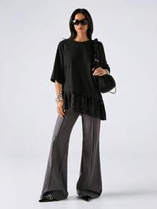 LYSMO 2026 New Minimalist Spring Women's Round Neck Lace Patchwork Casual Everyday Mid-Sleeve T-Shirt, 2026 New Black T-Shirt For Summer Women - Black - View 8