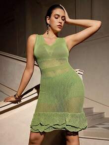 VOLUPTÉ CURVE Đầm dệt kim cỡ lớn mùa xuân/hè, thanh lịch và thời trang, màu xanh lá cây trơn, co giãn, không tay, cổ chữ V, thiết kế thắt eo, dệt rỗng, dáng đuôi cá, xếp ly, tôn dáng, dài đến đầu gối, đầm dự tiệc và đi chơi dành cho phụ nữ cỡ lớn. - màu xanh lá - Xem 6