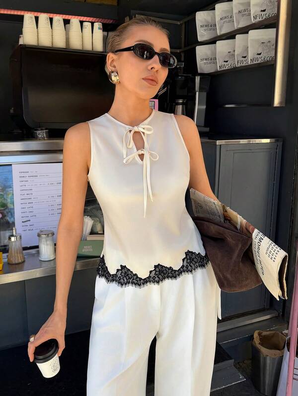 Siren Gaze Elegant White Lace-Trimmed Satin Sleeveless Top For Women, Perfect For Outings, White Summer Top, Business Casual, Elegant Blouses For Women, Date Night.
