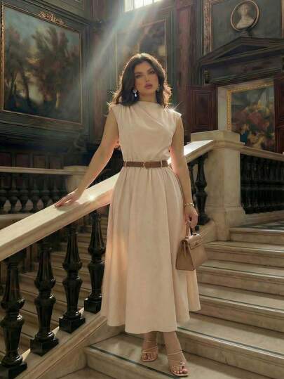 SHEIN MOD 大码女式纯色无袖优雅休闲连衣裙（配腰带）