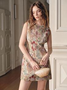 Anewsta Nuevo vestido de mujer sin mangas de cintura ceñida con estampado de jacquard y adornos de rhinestone, para primavera/verano - Multicolor - Ver 3
