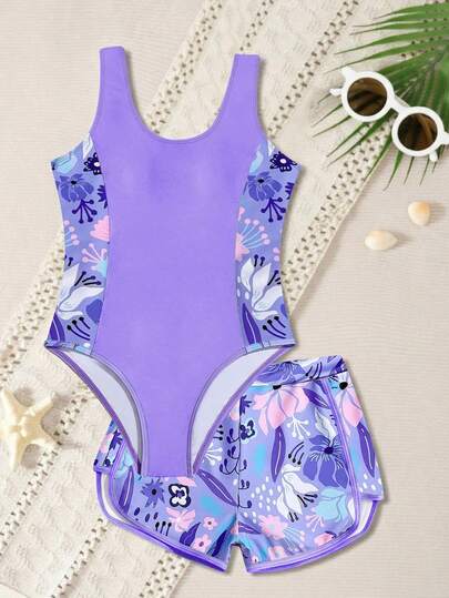 Sparklyn Girls' One-Piece Swimsuit With Shorts, Printed & Solid Color Patchwork Tankini With Boyshort Bottoms, Suitable For Summer, Surfing, Beach, Vacation, Pool