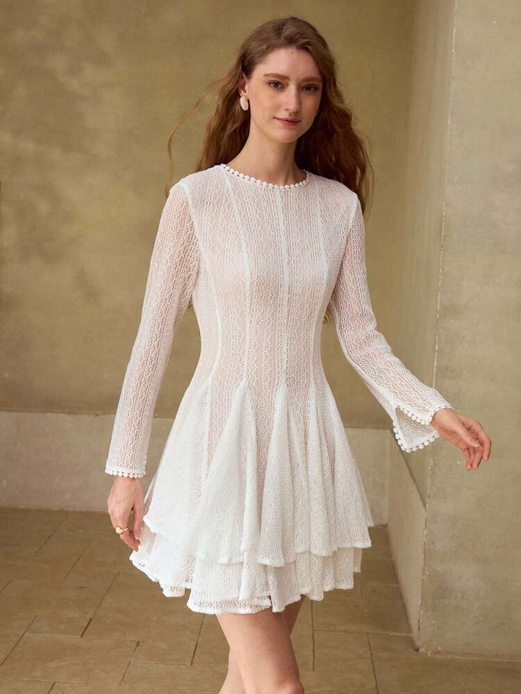 NICHE RETRO FRENCH STYLE LACE HOLLOW SEE-THROUGH SEXY FITTED SHORT DRESS WITH LONG SLEEVES