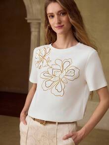 MOTF PREMIUM 女士刺绣花卉图案优雅百搭夏季T恤 - 白色 - 查看 5