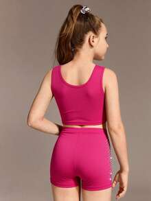 2pcs/Set Tween Girls' Round Neck Cropped Tank Top With Rhinestone Decor On Front, And Elastic Waist Rhinestone Decorated Sports Shorts, Stretchy And Soft For Running, Cycling, Workout, Casual Wear - Hot Pink - View 2