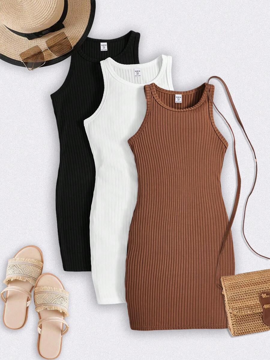SHEIN 3pcs/Set Teen Girl's Solid Color Knit Round Neck Sleeveless Fitted Casual Dress Casual Dresses For Women Summer Ribbed Dresses - Brown - View 1