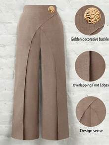 SHEIN PETITE CURVE 大码女式金属装饰纯色阔腿裤，适合休闲、派对、通勤等多种场合，可裹身穿着，优雅百搭，是女士正装裤、女士长裤和阔腿裤的理想之选。 - 卡其色 - 查看 1