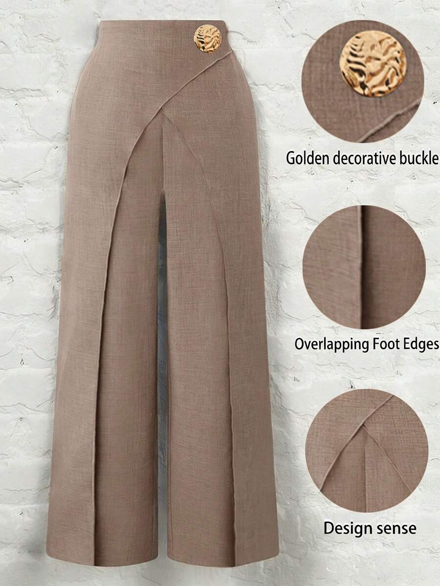 SHEIN PETITE CURVE 大码女式金属装饰纯色阔腿裤,适合休闲、派对、通勤等多种场合,可裹身穿着,优雅百搭,是女士正装裤、女士长裤和阔腿裤的理想之选。 - 卡其色 - 查看 1