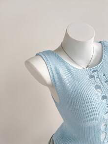Elamini Y2K 复古镂空针织背心，女士夏季针织上衣 - 淺藍色 - 查看 5
