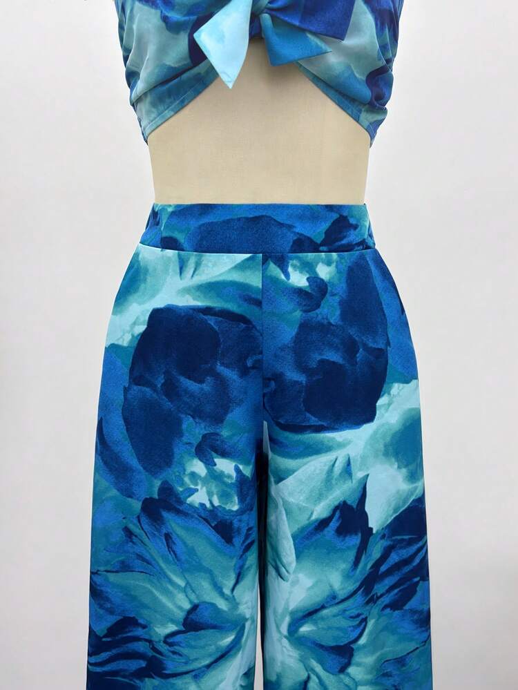 SHEIN Lunessa 2pcs Women's Floral Print Bandeau Tie Waist Wide Leg Pants Set, Spring/Summer - Multicolor - View 3
