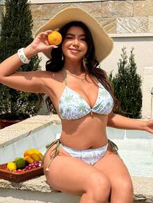 Swim Mod Bộ bikini 2 mảnh thời trang dành cho nữ cỡ lớn năm 2026, họa tiết cây cọ xanh ngẫu nhiên, kiểu dáng dễ thương, buộc dây cổ, gợi cảm, thích hợp cho kỳ nghỉ. - màu xanh lá - Xem 4