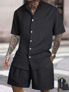 Solantero 前扣短袖休闲夏季衬衫短裤套装 - 黑色 - 查看 2