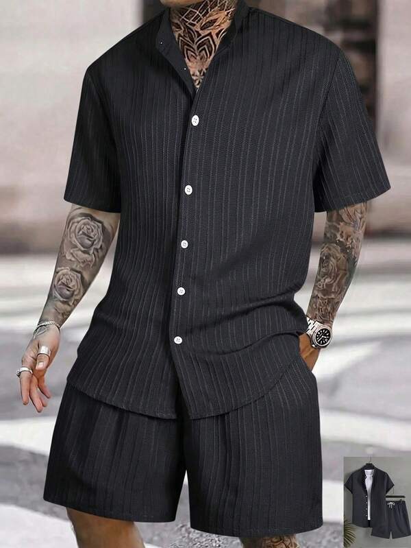 Manfinity Swimmode Front Button Short Sleeve Casual Summer Shirt And Shorts Set Men Vacation Outfits Sets Mens Summer Holiday Clothes Men Short Sets