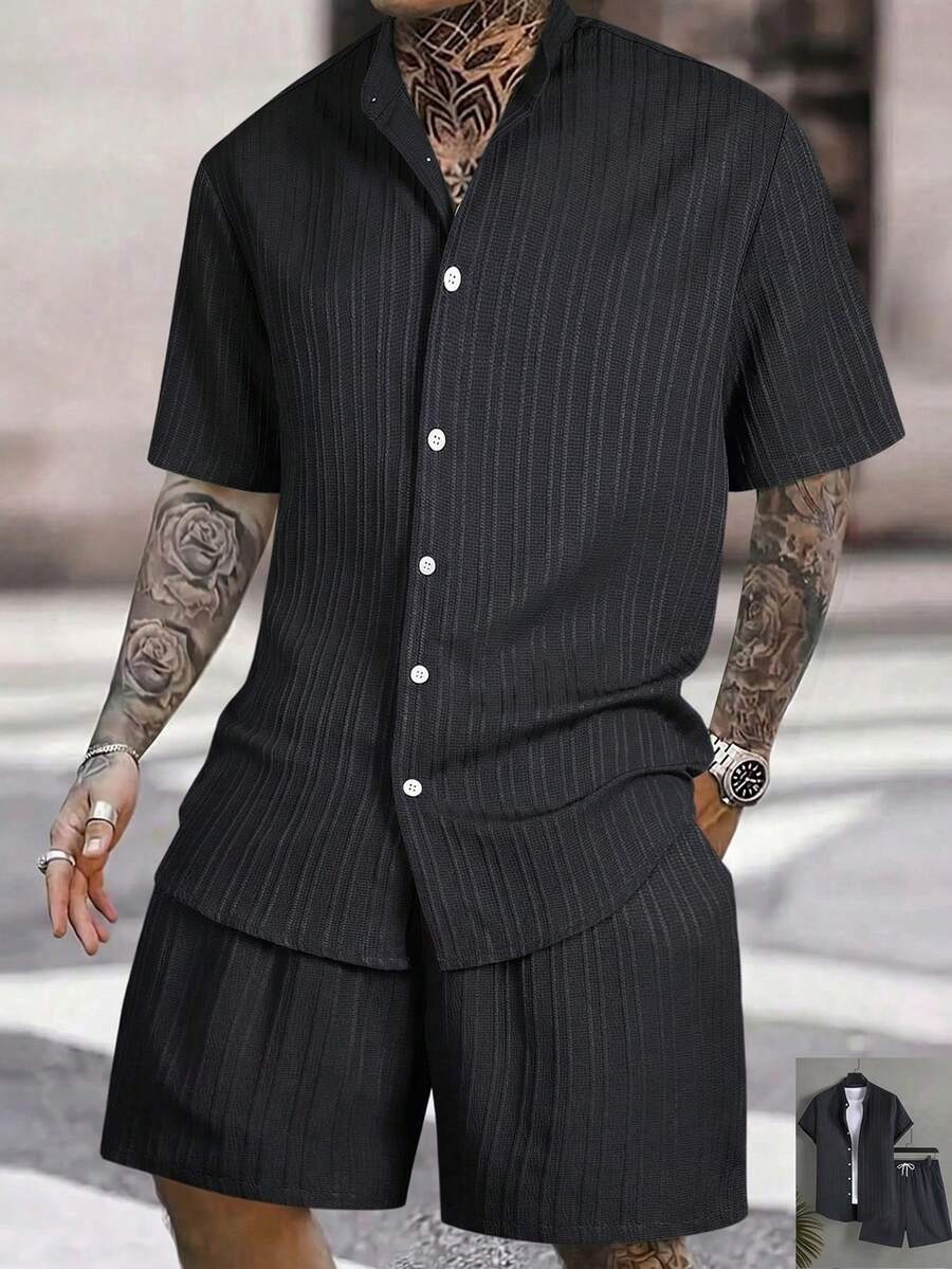 Manfinity Swimmode Front Button Short Sleeve Casual Summer Shirt And Shorts Set Men Vacation Outfits Sets Mens Summer Holiday Clothes Men Short Sets - Black - View 1