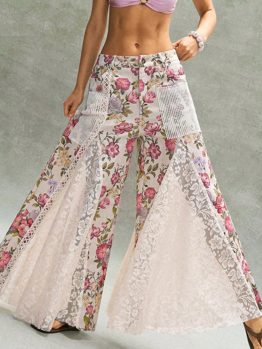 Bohemela 波西米亚乡村度假休闲粉色碎花撞色蕾丝宽松阔腿低腰女裤，波西米亚风女装夏季裤装 - 卡其色 - 查看 1