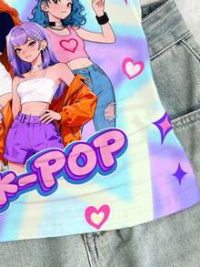 少女扎染休闲吊带背心，K-POP卡通女孩图案，运动肩带，适合春夏日常、海滩、户外休闲穿着 - 彩色 - 查看 5