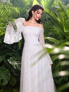 Modelyn French White Lace Off-Shoulder Long Sleeve Mesh Flared Dress - Pearl White - View 7