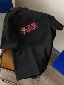 Manfinity Dauomo Vintage American Angel 777 热转印 T 恤，男士“幸运”加大码短袖上衣，街头风 Angel 图案百搭加大码衬衫 - 黑色 - 查看 4