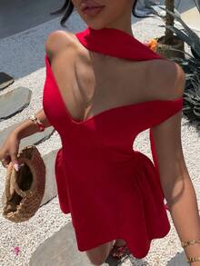 Aloruh 红色无肩带露背收腰A字迷你连衣裙，适合婚礼、情人节、约会、派对等场合。 - 紅色 - 查看 7