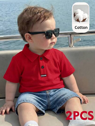 SHEIN Set de 2 piezas de camisa polo roja y pantalones cortos de mezclilla azules de estilo preppy casual para bebé niño, adecuado para fiesta de cumpleaños de verano, fiesta de noche, actuación, boda, baby shower y celebración del 1er cumpleaños