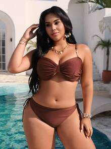 Swim Chiccia Plus Size Women 2 Pieces Bikini Set Set, Steel Bra Bikini Swimwear For Summer Holiday - Coffee Brown - View 3