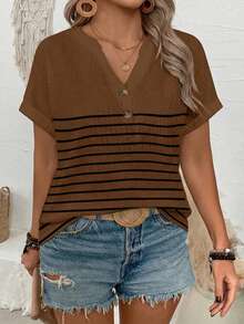 EMERY ROSE Plus Size V-Neck Button Striped Loose Short Sleeve T-Shirt - Coffee Brown - View 3