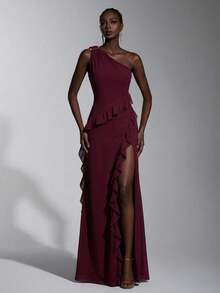 Elitara Old Rose Summer Elegant Formal Event Prom Wedding Chestnut Chiffon Asymmetrical Shoulder Metal Buckle Ruffle Hem Front Slit A-Line Party Dress - Maroon - View 2