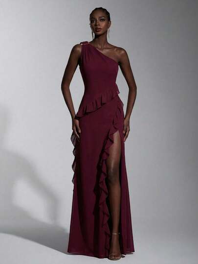 Elitara Elegant, Romantic, Fashionable, Sexy Chestnut Chiffon Fabric Asymmetrical Shoulder Metal Buckle Decor Ruffle Hem Front Slit A-Line Party Dress, Beach Dress, Vacation, Music Festival, Cocktail Dress