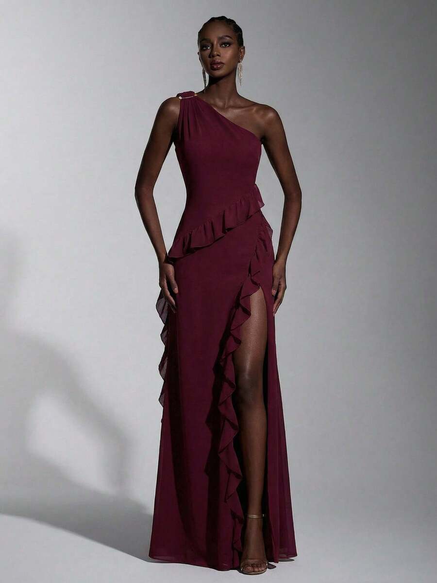 Elitara Old Rose Summer Elegant Formal Event Prom Wedding Chestnut Chiffon Asymmetrical Shoulder Metal Buckle Ruffle Hem Front Slit A-Line Party Dress
