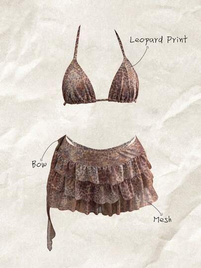 Elavelle 3pcs/Set Women's Random Print Halter Neck Bikini Set, Spring/Summer