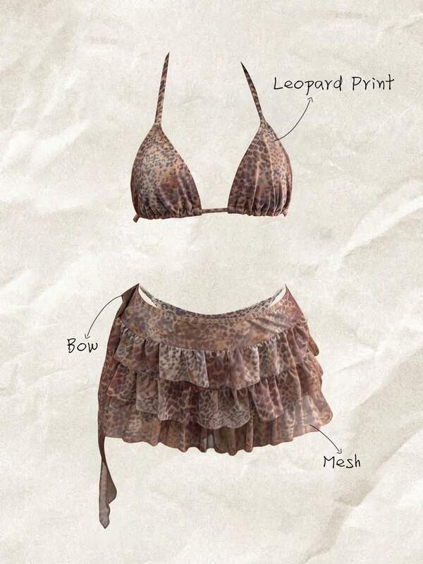 Elavelle 3pcs/Set Women's Random Print Halter Neck Bikini Set, Spring/Summer