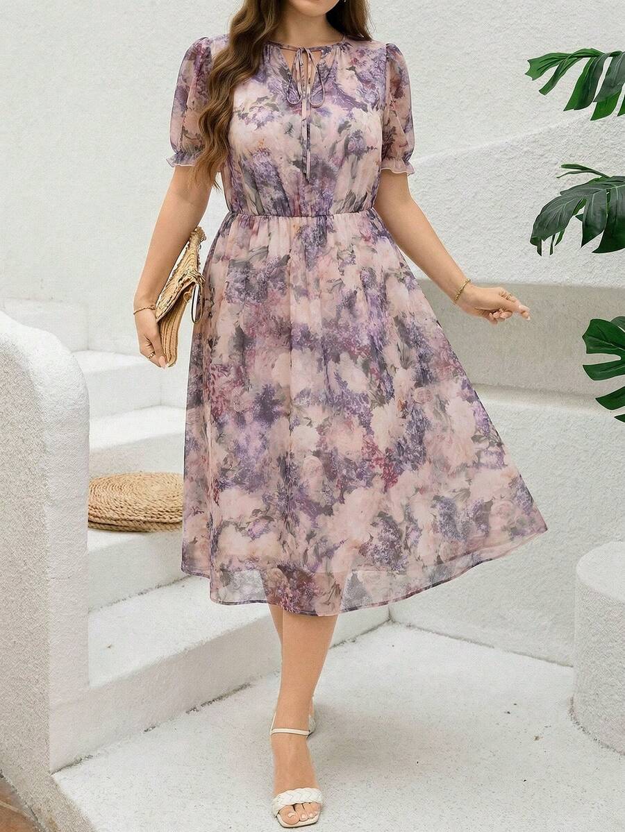 SHEIN Clasi 大码优雅印花系腰花瓣袖连衣裙 - 彩色 - 查看 1