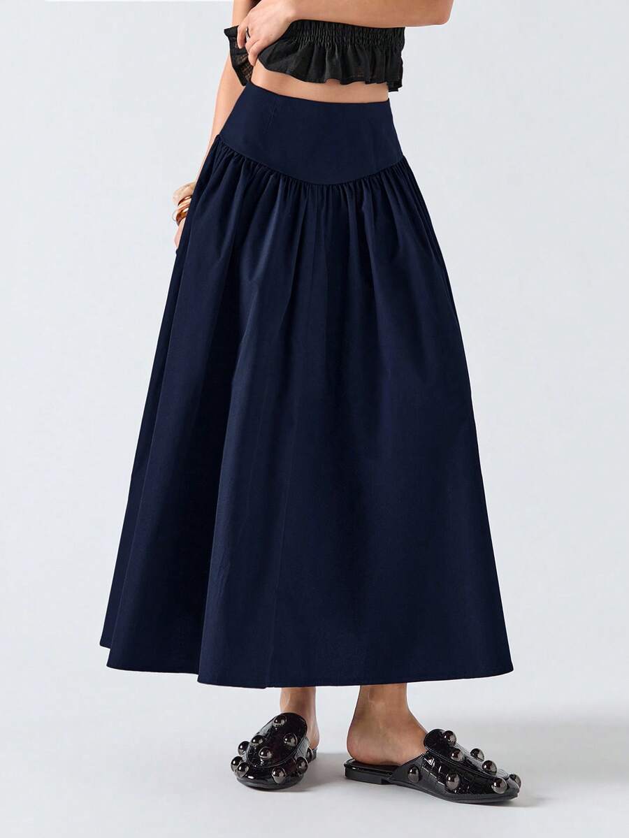 LYSMO 女士纯色百褶休闲百搭约会外出迷你裙 - 藏蓝色 - 查看 1