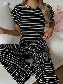 CovetEZ 两件套女士条纹短袖上衣和裤子黑色针织休闲家居服套装，简约时尚日常穿着 - 黑色 - 查看 4