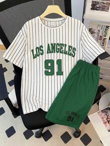 SHEIN 青少年男童休闲舒适时尚百搭可爱条纹短袖T恤短裤套装，适合日常穿着、上学、郊游、运动、度假和聚会。 - 綠色 - 查看 5