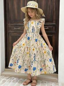 SHEIN Young Girl Floral Print Ruffle Hem Camisole And Skirt Set, Casual Vacation - White - View 1