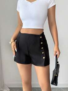 SHEIN Elenzya Elegant Summer Casual Asymmetrical Waistband Design Button Decor Black Women Shorts - Black - View 3