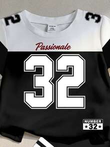 1 Set Estilo deportivo casual para niños pequeños con camiseta de manga corta de cuello redondo con bloque de color y estampado numérico 32 y letra, y pantalones cortos a juego, adecuado para primavera/verano, actividades al aire libre, deportes, uso escolar - Multicolor - Ver 5