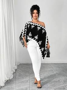 Elenzga Plus Size Women Print Asymmetrical Shoulder Asymmetrical Hem Blouse, Spring/Summer - Black and White - View 6