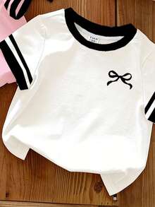 3pcs/Set Young Girls' Pink Summer Back-To-School Fashion SS26 Casual Comfortable Colorblock Striped Bow Print Short Sleeve Round Neck T-Shirt - Multicolor - View 4